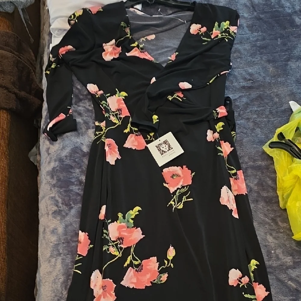 Anne Klein Black Midi Wrap Dress with Coral Floral Print - Picture 4 of 5